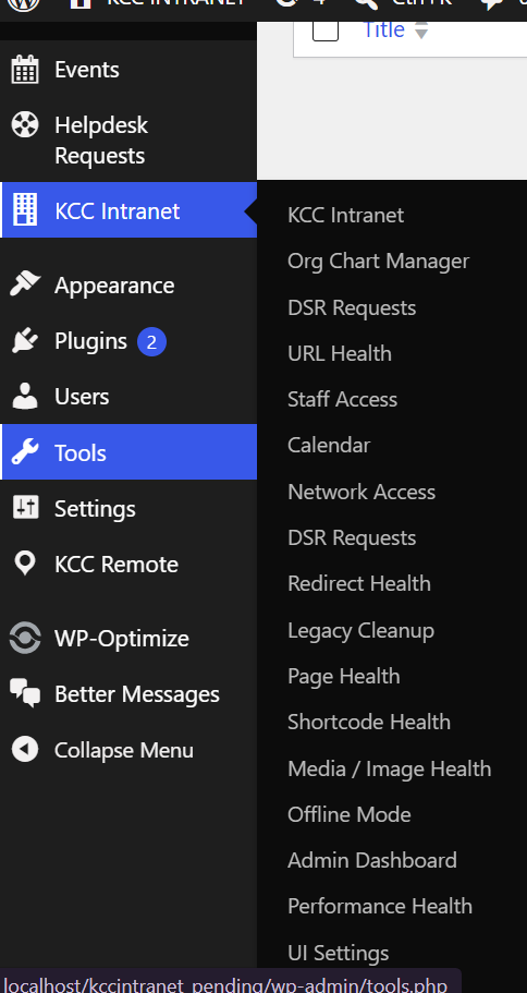 Custom KCC Intranet plugin admin menu