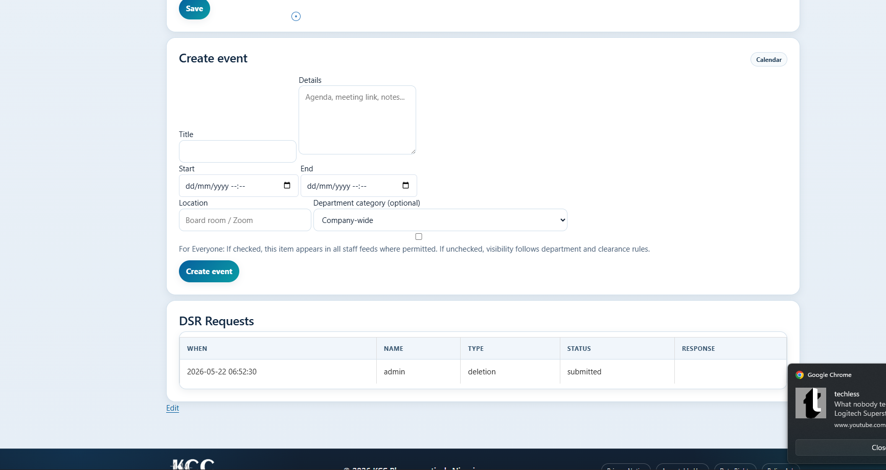 Event creation and DSR compliance requests