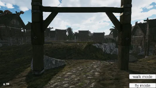 World 001 — village walkway, walk/fly mode